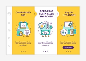 H2 storage approaches onboarding vector template. Responsive mobile website with icons. Web page walkthrough 3 step screens. Cold, cryo compressed hydrogen color concept with linear illustrations