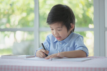 Asian Child Drawing With Crayons On Table