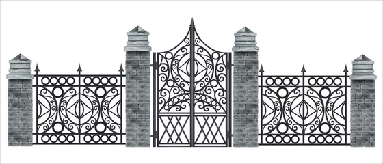 Fotobehang Iron wrought gate vector illustration, metal antique fence, brick stone pillars isolated on white. Black gothic ornate grate, steel manor entrance, classic park front portal. Mansion iron classic gate © Oleksandra