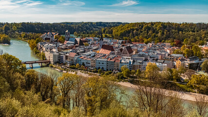 Fototapeta premium Beautiful spring view on a sunny day at Wasserburg, Inn, Bavaria, Germany