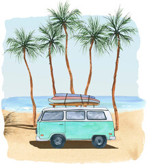 Watercolor beach clipart, Best friend summer trip, Summer vibes, Surf travel clip art, Palm tree landscape, Ocean waves - obrazy, fototapety, plakaty