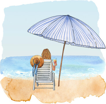 Watercolor beach clipart, People on deck chair with beach umbrella clip art, Best friend summer trip, Summer vibes, Sea travel clip art, Ocean waves