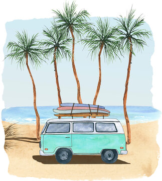 Watercolor beach clipart, Best friend summer trip, Summer vibes, Surf travel clip art, Palm tree landscape, Ocean waves