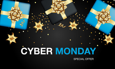 Fototapeta na wymiar Cyber monday sale, banner for seasonal discounts. Big November sale. Gift box with realistic silk bow. Vector illustration
