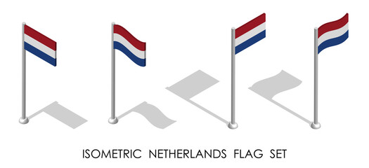 isometric flag of Holland, Netherlands in static position and in motion on flagpole. 3d vector