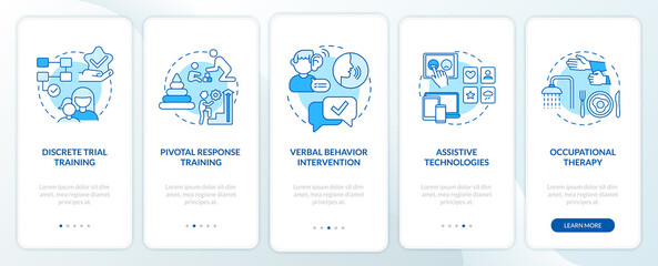Fototapeta na wymiar ASD treatment methods onboarding mobile app page screen. Discrete trial training walkthrough 5 steps graphic instructions with concepts. UI, UX, GUI vector template with linear color illustrations