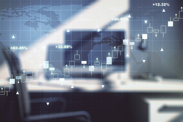 Multi exposure of abstract creative financial graph with world map and modern desktop with computer on background, forex and investment concept