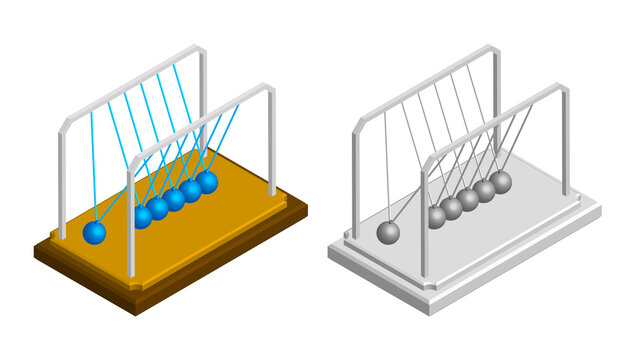isometric newton cradle. Balls hanging on strings. Studying force of attraction in physics lesson at school. Realistic 3D vector