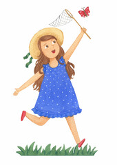 a girl catching a butterfly with a butterfly net