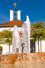 Beautiful spring view with a water fountain at Bad Griesbach Therme, Bavaria, Germany