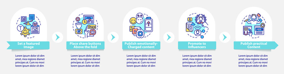 Engaging content tips vector infographic template. Share buttons presentation outline design elements. Data visualization with 5 steps. Process timeline info chart. Workflow layout with line icons