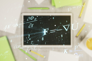 Creative scientific formula concept and modern digital tablet on background, top view. Multiexposure