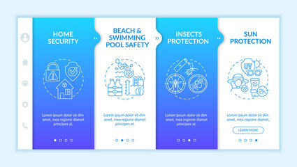 Summer break safety onboarding vector template. Responsive mobile website with icons. Web page walkthrough 4 step screens. Insects protection, home security color concept with linear illustrations