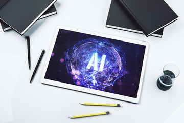 Creative artificial Intelligence symbol concept on modern digital tablet display. Top view. 3D Rendering