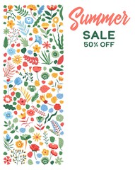 Summer sale, 50 percent off banner with flowers