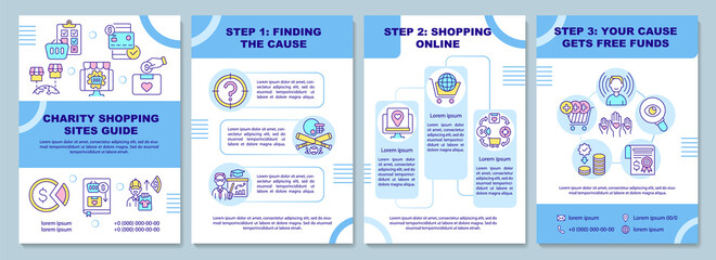 Naklejka premium Charity shopping sites guide brochure template. Collecting cause. Flyer, booklet, leaflet print, cover design with linear icons. Vector layouts for presentation, annual reports, advertisement pages