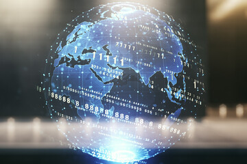 Multi exposure of abstract software development hologram and world map on modern business center exterior background, global research and analytics concept