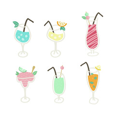 vector set of cocktails. beach party.
hand drawn illustration. Collection of stylized cooling drinks. Bar menu of summer cocktails. summer vacation