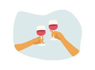 Illustration of two hands with glasses of wine. Two person clink glasses, drinking and having fun. Flat vector illustration isolated on a blue background