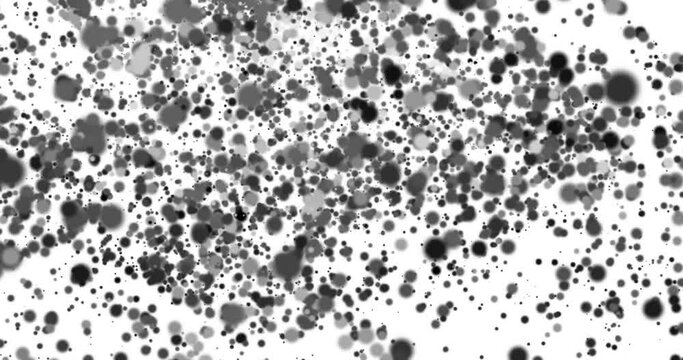 Abstract particles flying. Bokeh effect. Black and white particles fly. Horizontal composition, 4k video quality