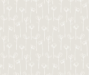 Minimalist seamless pattern. White hand drawn flowers on gray background. Beautiful nature inspired pattern for your fabric design, surface design, wrapping paper, etc.