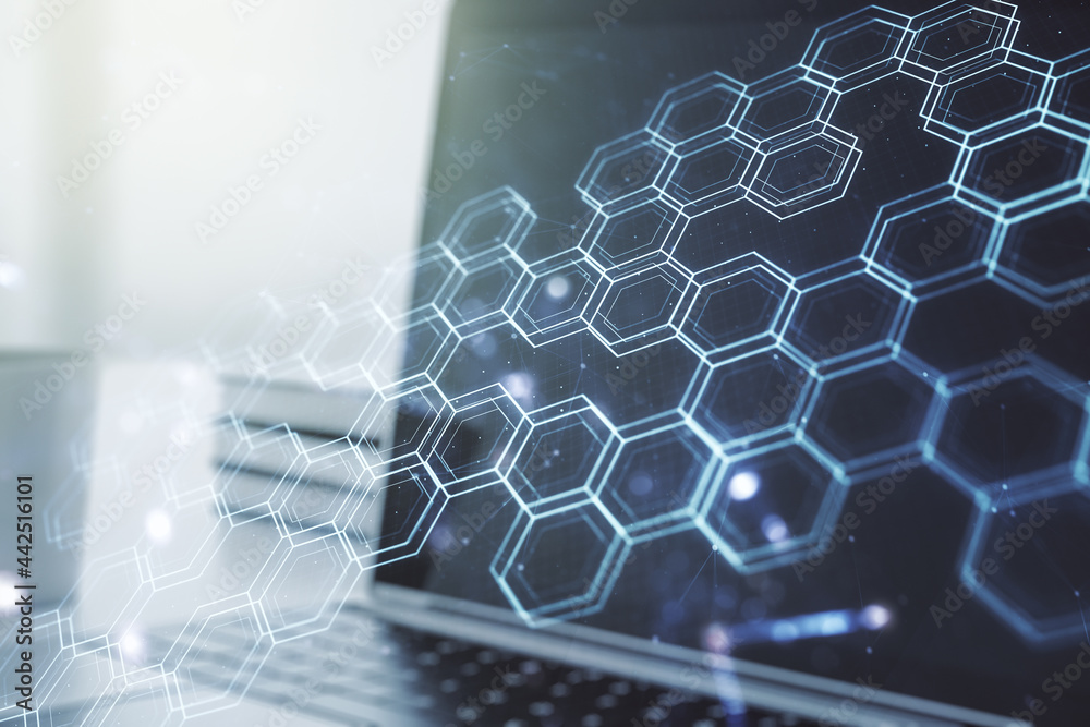 Poster creative abstract wireless technology hologram with hexagon on modern computer background, artificia