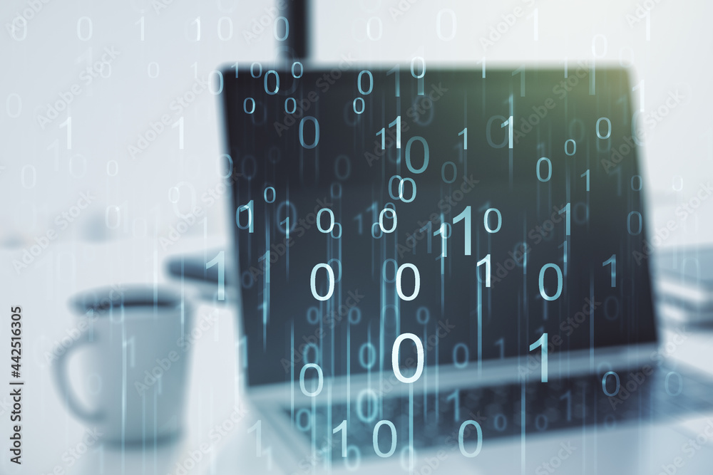Poster creative abstract binary code sketch on modern laptop background, hacking and matrix concept. multie