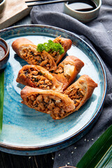 side view of fried spring rolls with chicken and vegetables served with soy sauce on a plate on black background