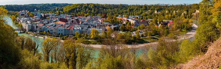Fototapeta na wymiar High resolution stitched panorama of a beautiful spring view on a sunny day at Wasserburg, Inn, Bavaria, Germany