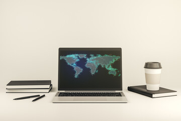 Fototapeta premium Abstract creative world map on modern laptop screen, international trading concept. 3D Rendering