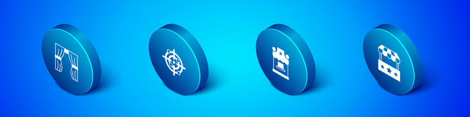 Set Isometric Circus curtain raises, Ticket box office, and Target sport icon. Vector