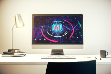 Computer monitor with creative artificial Intelligence abbreviation. Future technology and AI concept. 3D Rendering