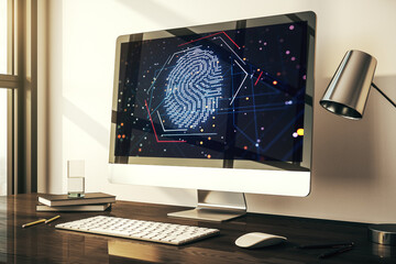 Computer monitor with abstract creative fingerprint illustration, personal biometric data concept. 3D Rendering