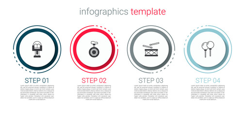 Set Attraction carousel, Unicycle or one wheel bicycle, Drum with drum sticks and Balloons ribbon. Business infographic template. Vector © Kostiantyn