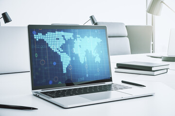 Fototapeta premium Modern computer screen with abstract creative digital world map, research and analytics concept. 3D Rendering