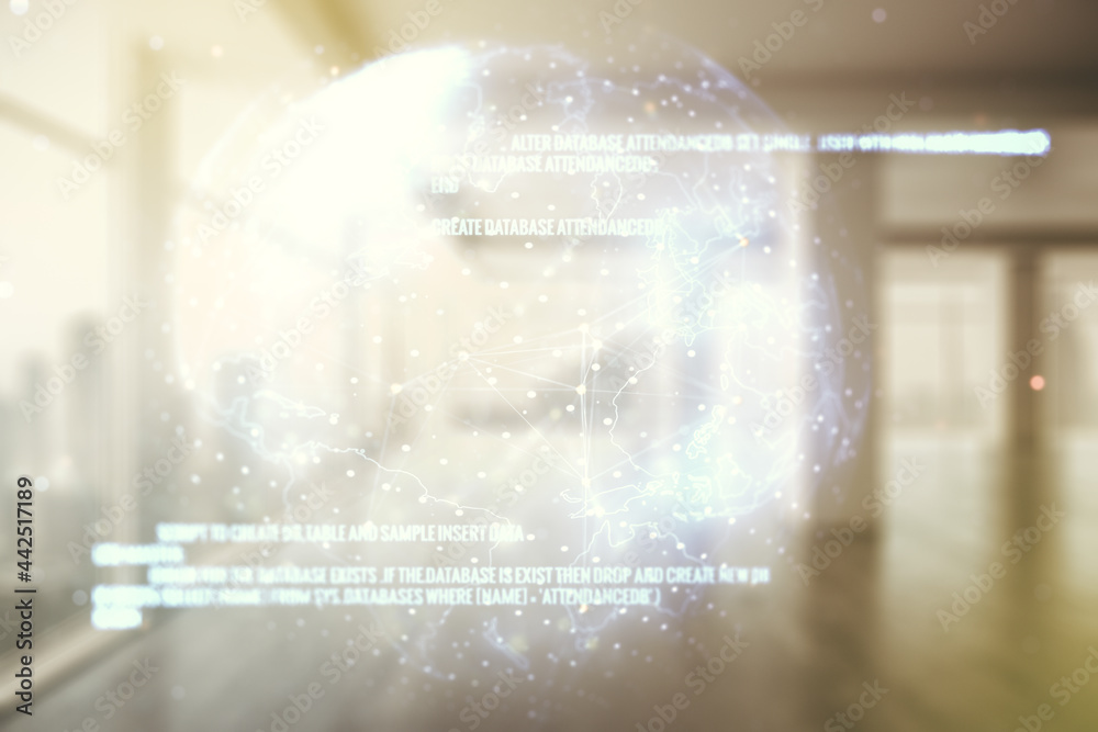 Aufkleber abstract virtual coding concept and world map hologram on empty corporate office background. multiex