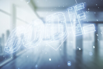 Code word hologram on modern interior background, international software development concept. Multiexposure