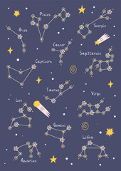 Poster with cute constellations of the zodiac signs on a blue background. Pisces, Scorpio, Sagittarius, Aries, Capricorn, Taurus, Cancer, Virgo, Gemini, Leo, Aquarius, Libra