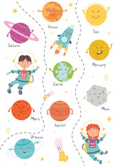 Naklejki  Plakat z uroczymi planetami układu słonecznego przez astronautów na białym tle. Ilustracja wektorowa Słońce, Księżyc, Jowisz, Merkury, Ziemia, Wenus, Mars, Saturn, Uran, Neptun