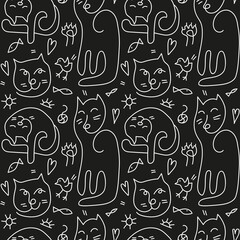 Vector seamless pattern with hand drawn cats, bird, heart, fish and sun on black background.