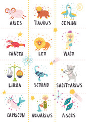 Poster with cute character animal zodiac signs Pisces, Scorpio, Sagittarius, Aries, Capricorn, Taurus, Cancer, Virgo, Gemini, Leo, Aquarius, Libra
