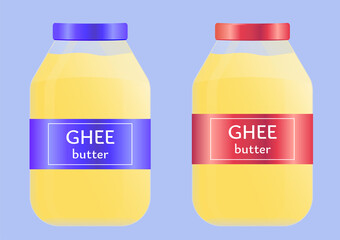 Glass jar with useful natural ghee butter (oil). Ayurvedic Indian food. Bright yellow ghee butter. Flat vector illustration	
