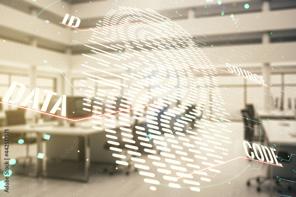 Leinwandbilder Multi exposure of virtual graphic fingerprint sketch on a modern furnished classroom background, fingerprint scan data concept