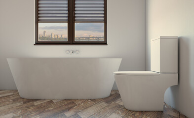 Clean and fresh bathroom with natural light. 3D rendering.