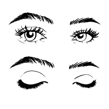 Female woman eyes and brows image collection set. Fashion girl eyes design.