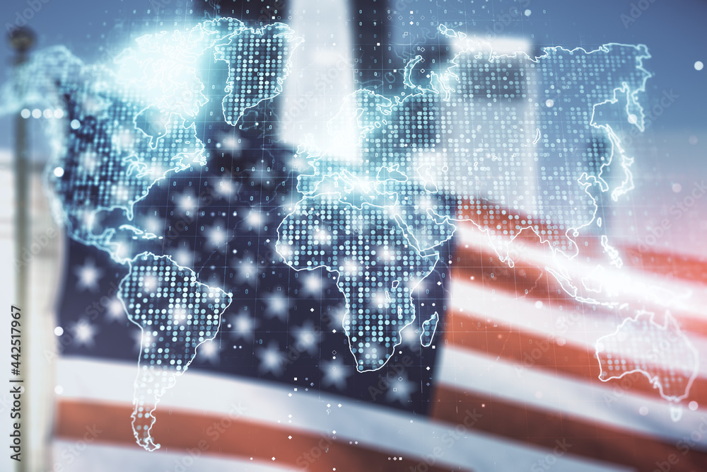 Aufkleber multi exposure of abstract graphic world map on us flag and skyline background, big data and network