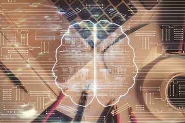 Multi exposure of brain sketch hologram over topview work table background with computer. Concept...