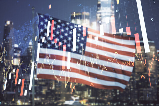 Multi exposure of virtual abstract financial chart hologram and world map on USA flag and blurry skyscrapers background, research and analytics concept