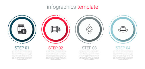 Set Wooden barrel, , Hop and Oktoberfest hat. Business infographic template. Vector