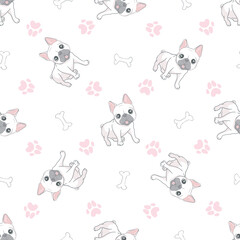Seamless pattern with cute french bulldog on white background.